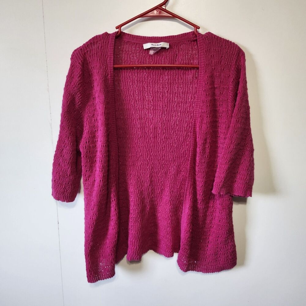 Vtg TanJay Petite SP Pink Open Knit Cardigan Sweater 3/4 Sleeve Cotton Blend